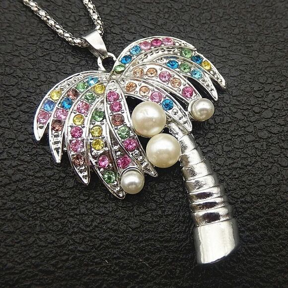 Multi-Color Crystal Rhinestone Coconut Tree Pendant Necklace NWOT - Picture 3 of 3